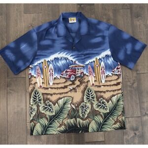 Winnie Fashion Mens Hawaiian Shirt Size XL Car Surfboards Beach Tropical VTG 90s